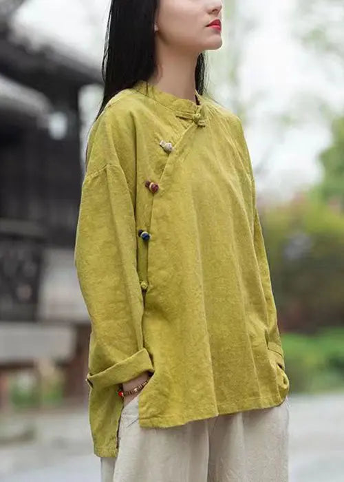 Loose Yellow Button Low High Design Linen Shirt Long Sleeve Ada Fashion