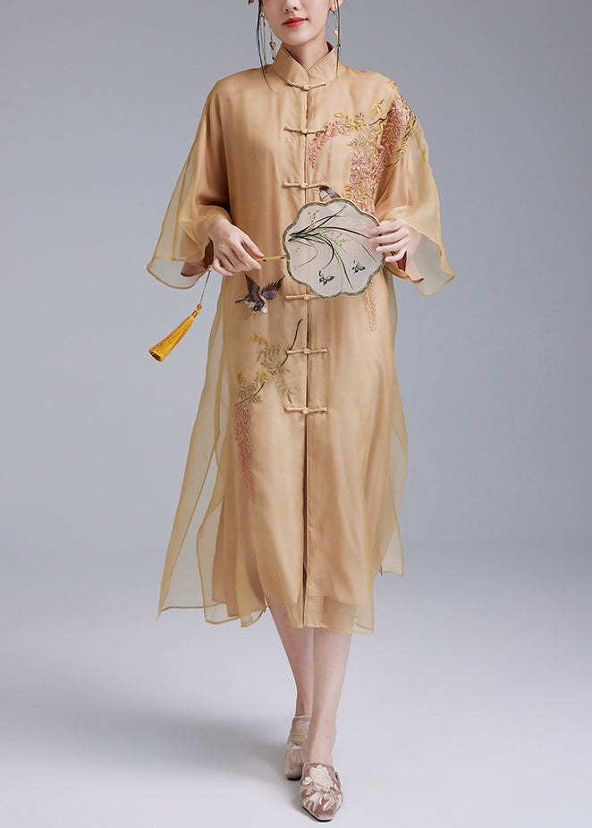 Loose Yellow Embroidered Button Silk Dress Flare Sleeve Ada Fashion