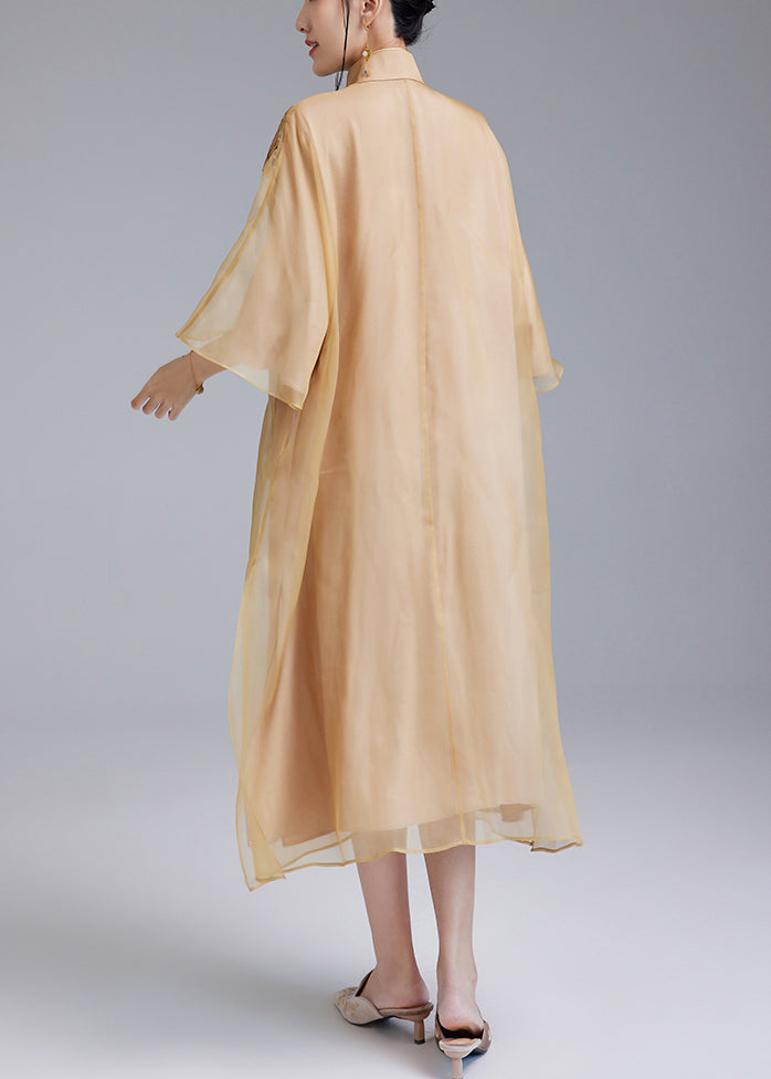 Loose Yellow Embroidered Button Silk Dress Flare Sleeve Ada Fashion