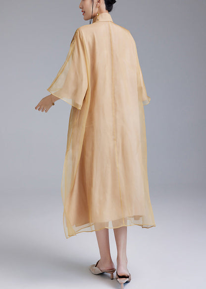 Loose Yellow Embroidered Button Silk Dress Flare Sleeve Ada Fashion