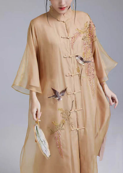 Loose Yellow Embroidered Button Silk Dress Flare Sleeve Ada Fashion