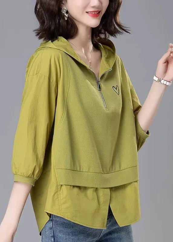 Patchwork Reißverschluss Lose Gelb Tops Mit Kapuze Sommer Baumwolle