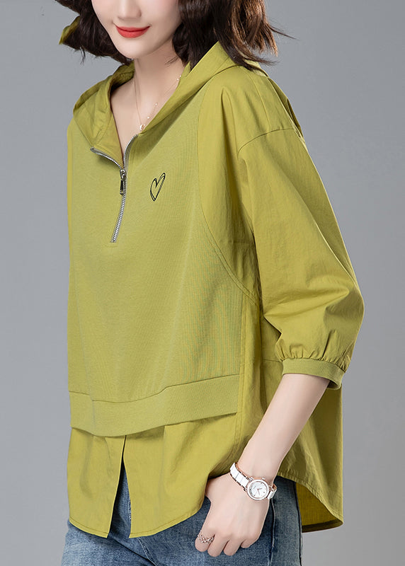 Patchwork Reißverschluss Lose Gelb Tops Mit Kapuze Sommer Baumwolle