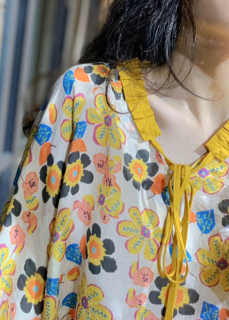 Loose Yellow Lace Up Print Cotton Top Long Sleeve GH1022