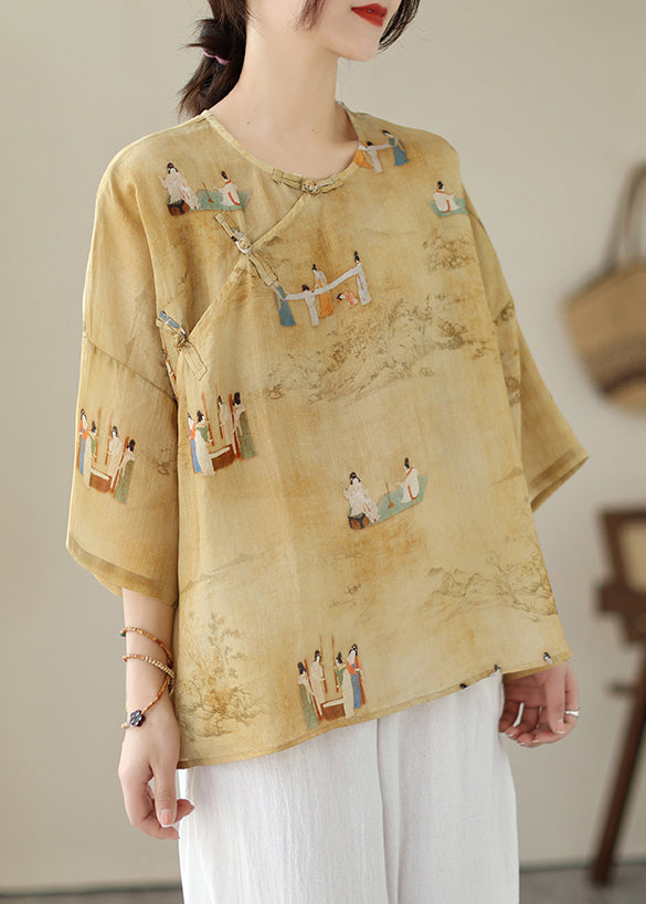 Loose Yellow O Neck Button Print Linen Shirts Batwing Sleeve JH014