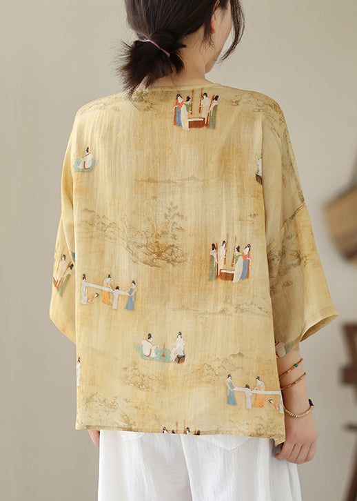 Loose Yellow O Neck Button Print Linen Shirts Batwing Sleeve JH014