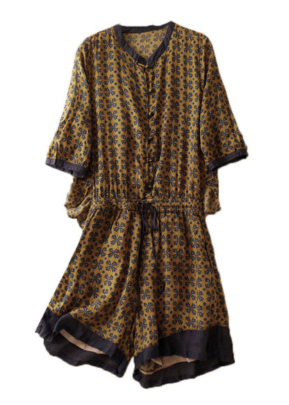 Loose Yellow Print Drawstring Linen Jumpsuits Summer AM1050