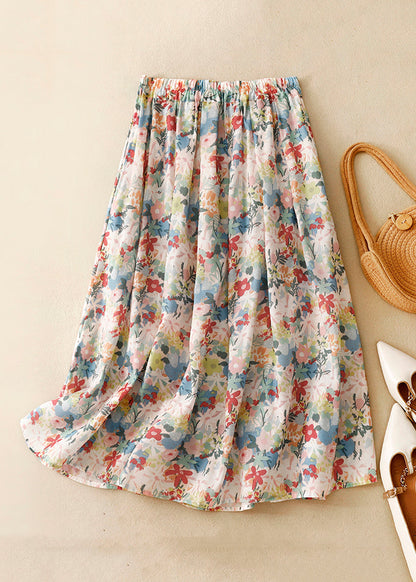 Loose Yellow Print Elastic Waist Cotton Skirt Summer GG012