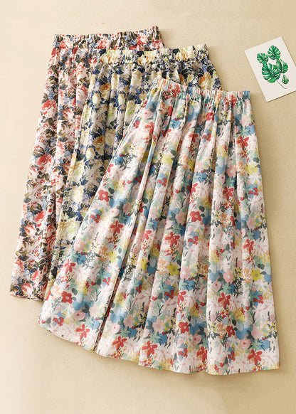 Loose Yellow Print Elastic Waist Cotton Skirt Summer GG012