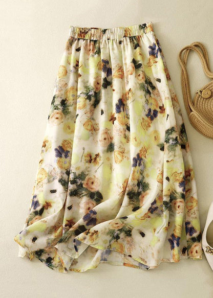 Loose Yellow Print Elastic Waist Cotton Skirts Summer GG009