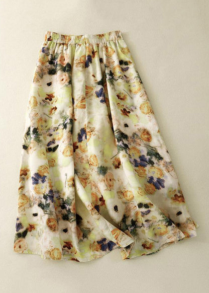 Loose Yellow Print Elastic Waist Cotton Skirts Summer GG009