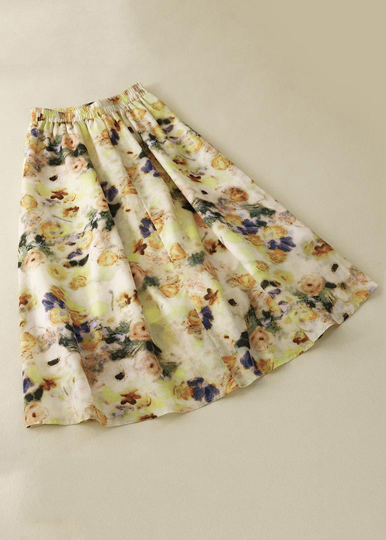 Loose Yellow Print Elastic Waist Cotton Skirts Summer GG009