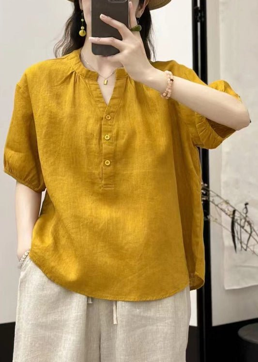 Knopf Loose Neck V Gelb Blusen Leinen Sommer