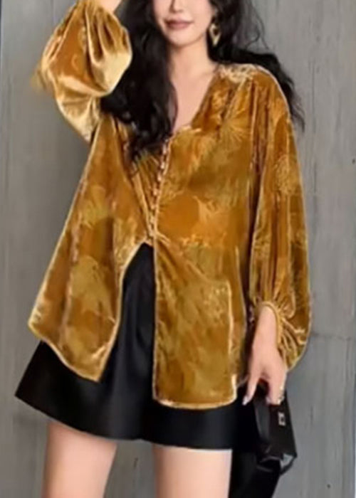 Loose Yellow V Neck Button Silk Velour Top Fall WY004