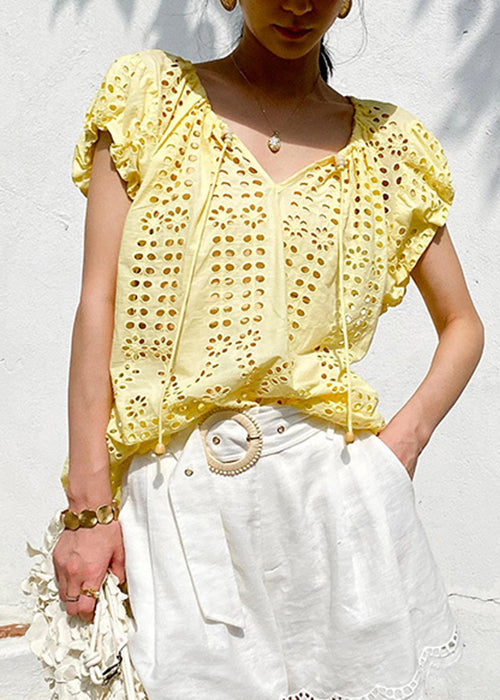 Hauts en coton jaune à col en V et dentelle ajourée pour l'été