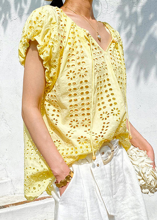 Hauts en coton jaune à col en V et dentelle ajourée pour l'été