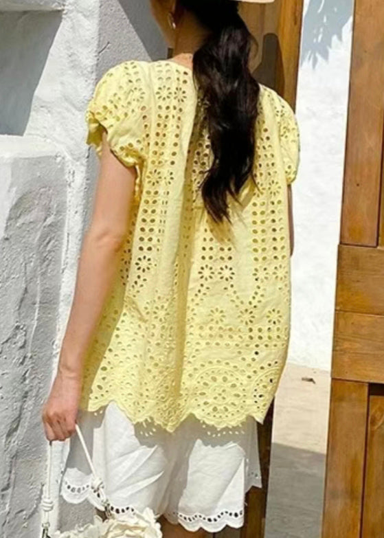 Hauts en coton jaune à col en V et dentelle ajourée pour l'été