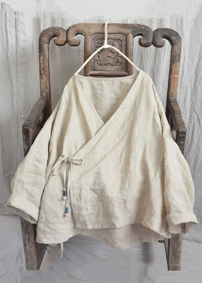 Loose Yellow V Neck Lace Up Solid Linen Shirts Long Sleeve AU1062