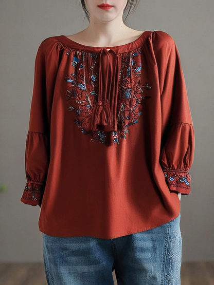 Grace Red Embroidered Lace Up Cotton Shirt Long Sleeve QR025