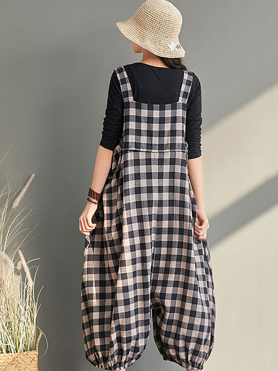 Plus Size Women Loose Casual Checkered Bib Overalls AA1024