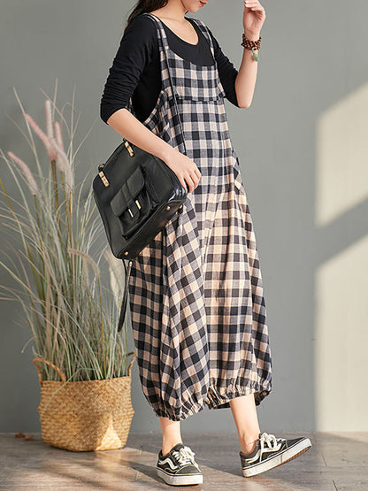 Plus Size Women Loose Casual Checkered Bib Overalls AA1024