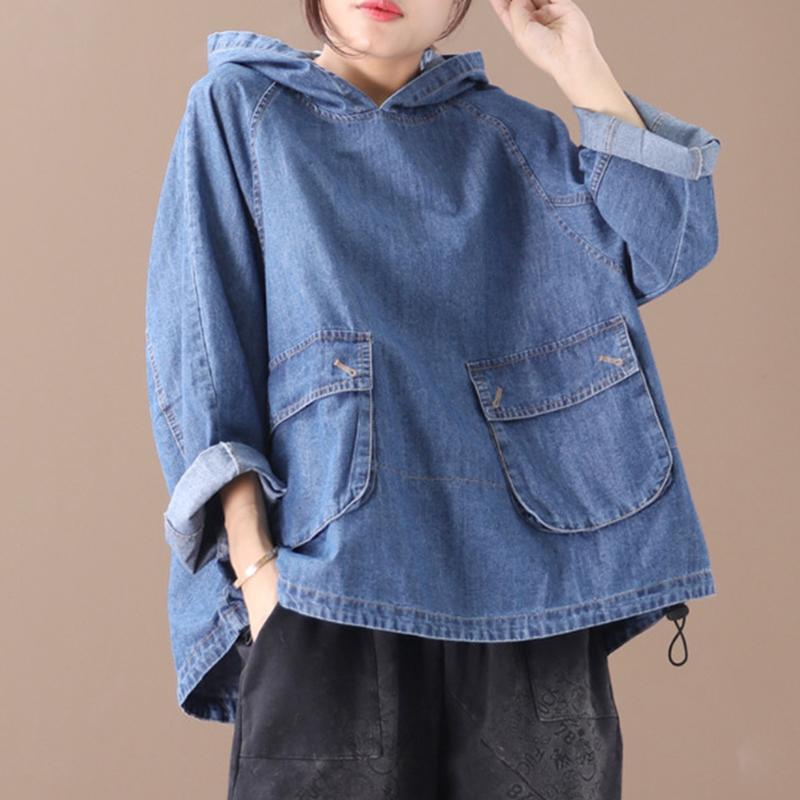 Plus Size - Loose Solid Color Drawstring Denim Hoodie OP1019