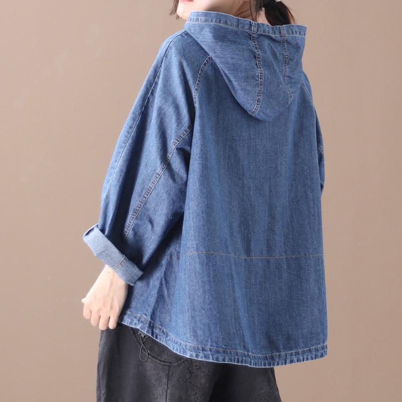Plus Size - Loose Solid Color Drawstring Denim Hoodie OP1019