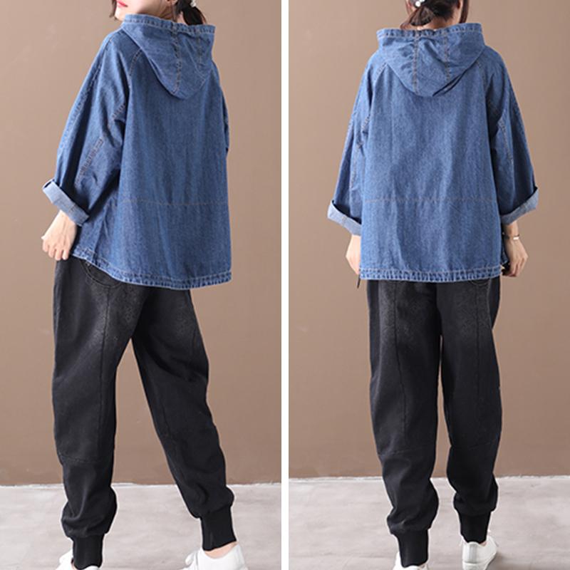 Plus Size - Loose Solid Color Drawstring Denim Hoodie OP1019
