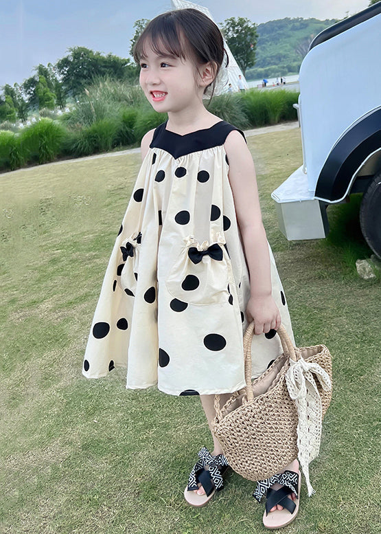 Lovely Beige Lace Up Print Pockets Cotton Girls Dresses Sleeveless EW046