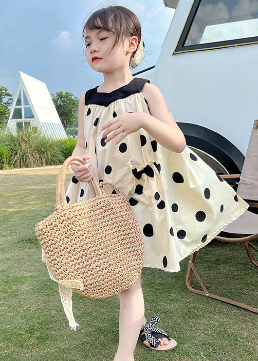 Lovely Beige Lace Up Print Pockets Cotton Girls Dresses Sleeveless EW046