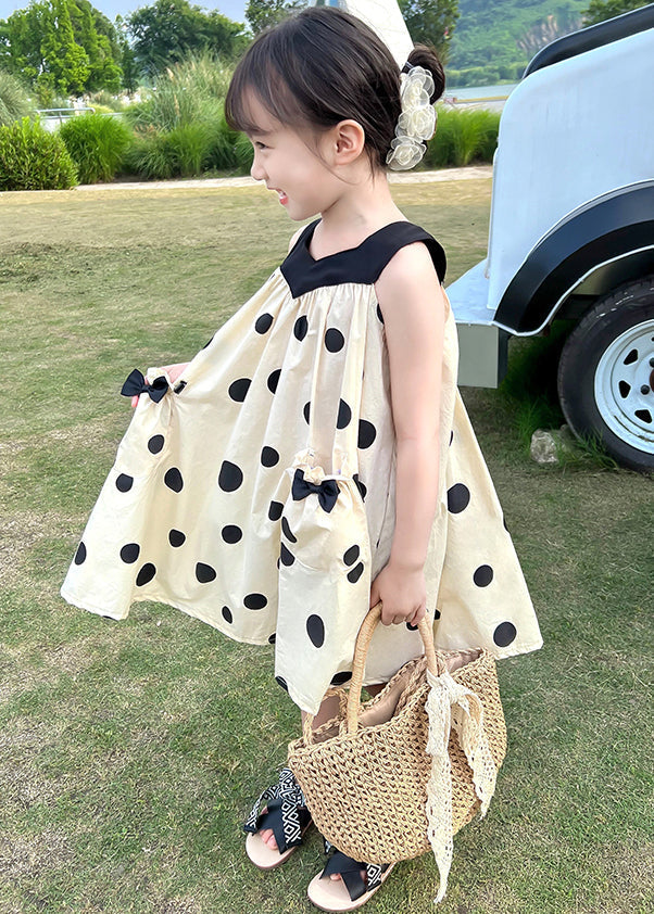 Lovely Beige Lace Up Print Pockets Cotton Girls Dresses Sleeveless EW046