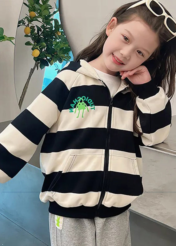 Lovely Black White Striped Pockets Girls Hoodies Coats Fall QV047