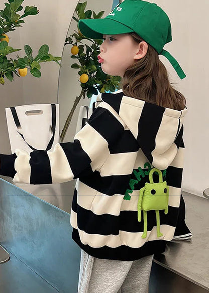 Lovely Black White Striped Pockets Girls Hoodies Coats Fall QV047