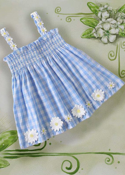 Lovely Blue Plaid Wrinkled Floral Cotton Kids Mid Dress Sleeveless GF001