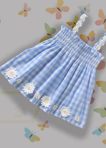 Lovely Blue Plaid Wrinkled Floral Cotton Kids Mid Dress Sleeveless GF001