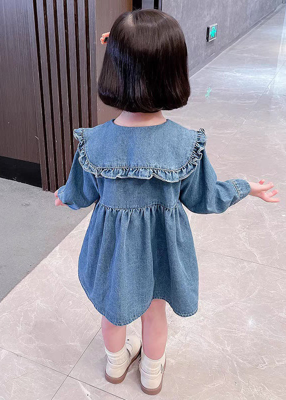 Lovely Blue Ruffled Button Shirt Girls Long Dress Long Sleeve XZ011