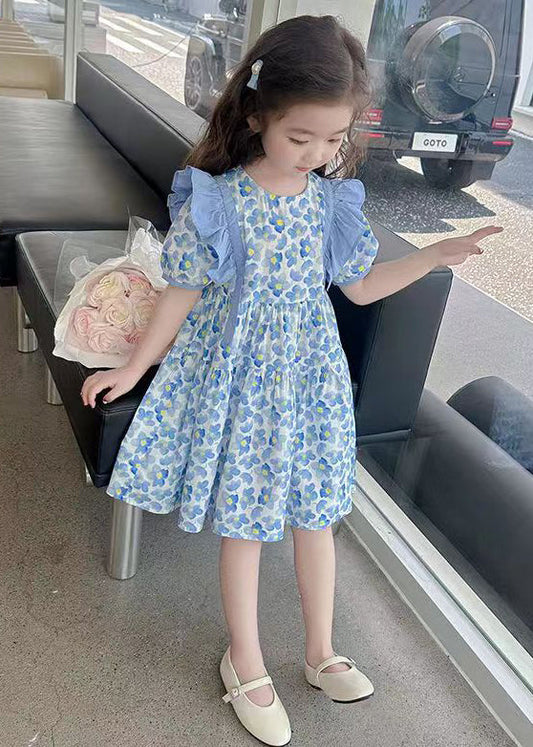 Lovely Blue Ruffled Print Cotton Girls Long Dress Summer TT015