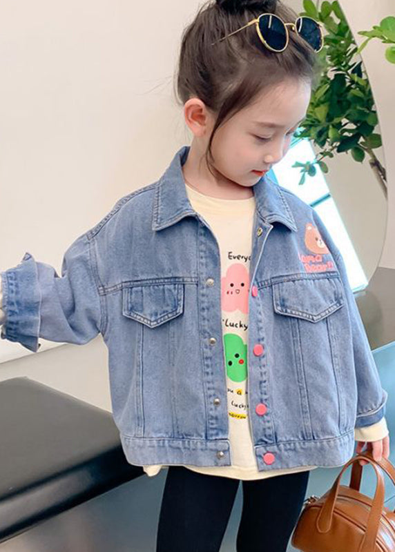 Lovely Denim Blue Print Patchwork Pockets Girls Coats Fall QV043