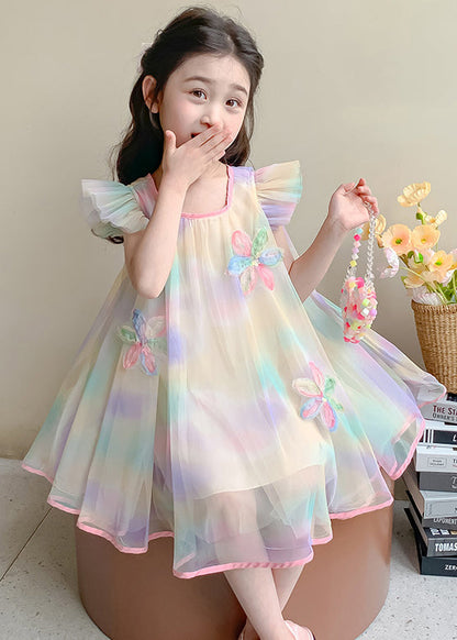 Lovely Gradient Color Sequins Patchwork Tulle Girls Dress Summer EW051