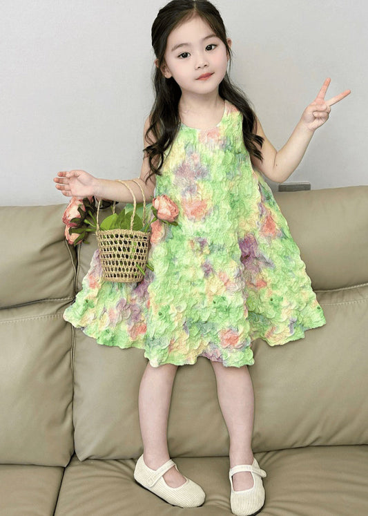 Jolie robe longue sans manches à imprimé vert pour fille EW025