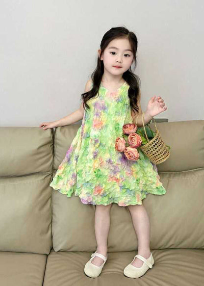 Lovely Green Print Girls Long Dress Sleeveless EW025