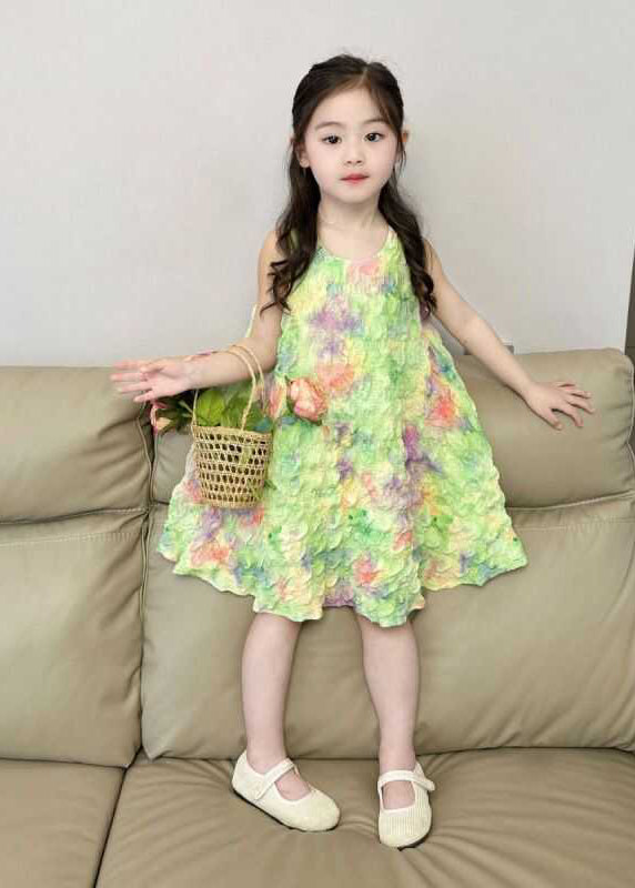 Jolie robe longue sans manches à imprimé vert pour fille EW025