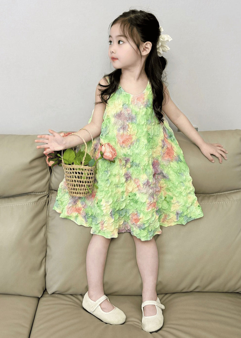 Jolie robe longue sans manches à imprimé vert pour fille EW025