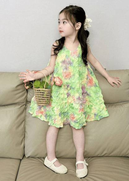 Lovely Green Print Girls Long Dress Sleeveless EW025