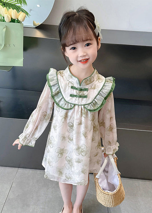 Jolie robe à volants verte en coton imprimé à manches longues pour fille XZ087