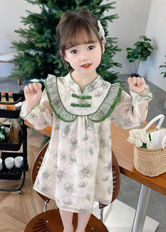 Lovely Green Ruffled Print Cotton Girls Dress Long Sleeve XZ087