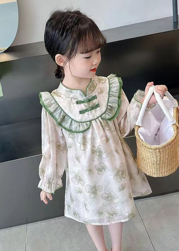 Lovely Green Ruffled Print Cotton Girls Dress Long Sleeve XZ087