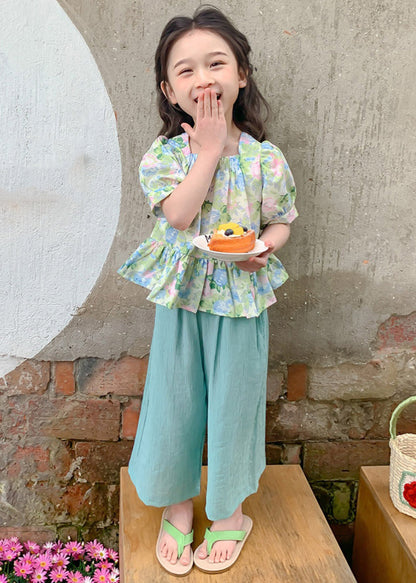 Lovely Green Square Collar Print Patchwork Kids Top And Crop Pants Two Pieces Set Summer SS1022