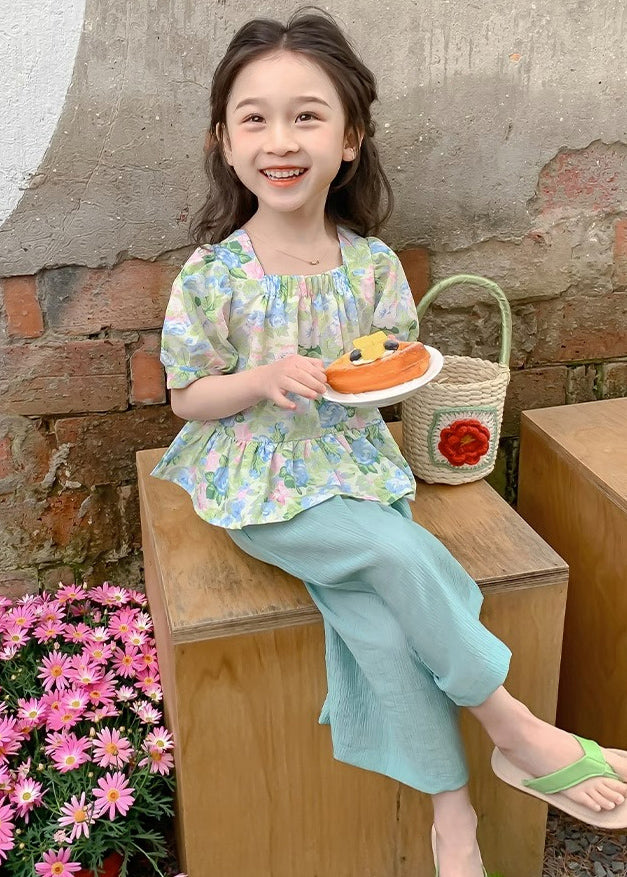 Lovely Green Square Collar Print Patchwork Kids Top And Crop Pants Two Pieces Set Summer SS1022