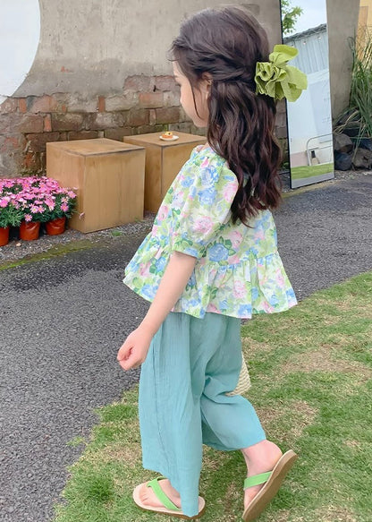 Lovely Green Square Collar Print Patchwork Kids Top And Crop Pants Two Pieces Set Summer SS1022